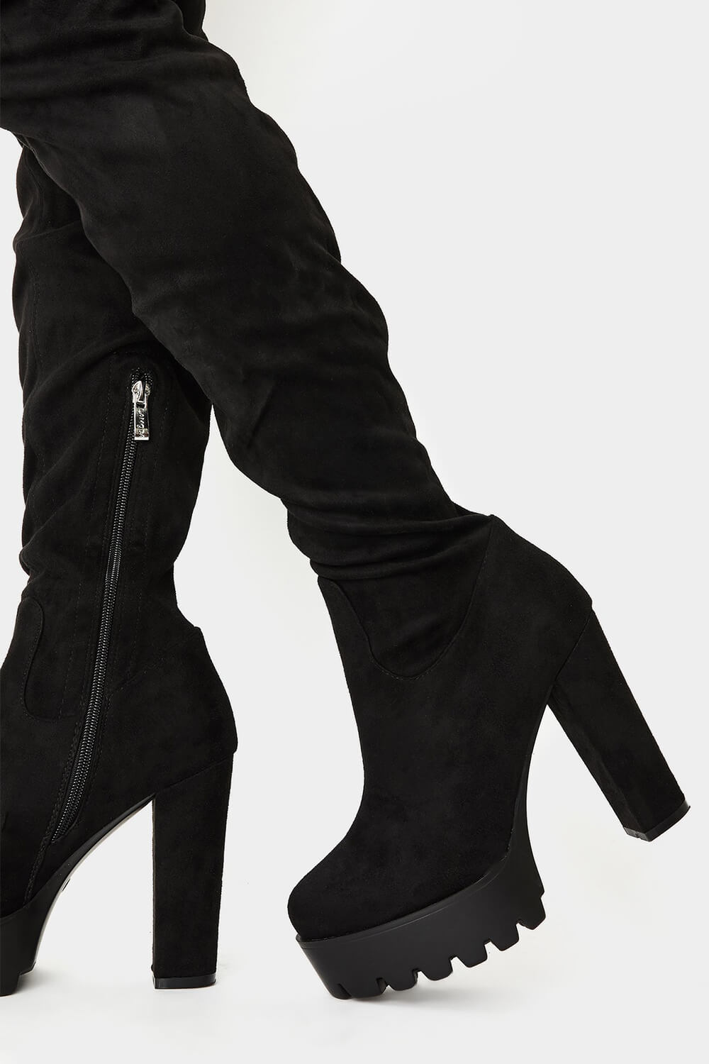 Black Suede Chunky Platform Block Heel Thigh High Boots