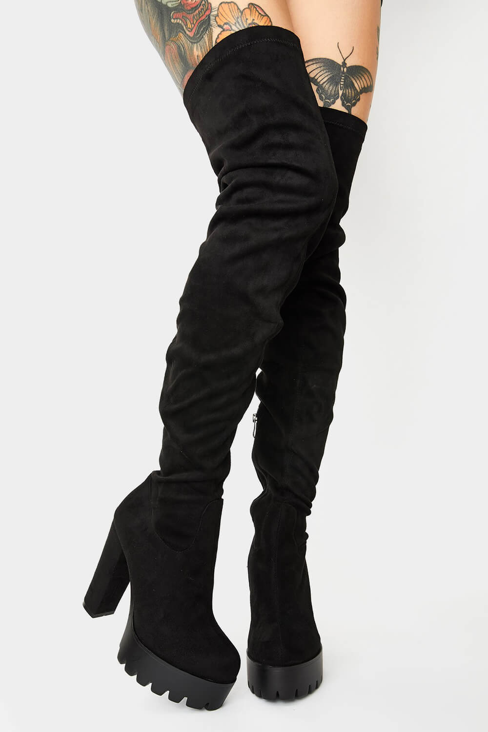 Black Suede Chunky Platform Block Heel Thigh High Boots