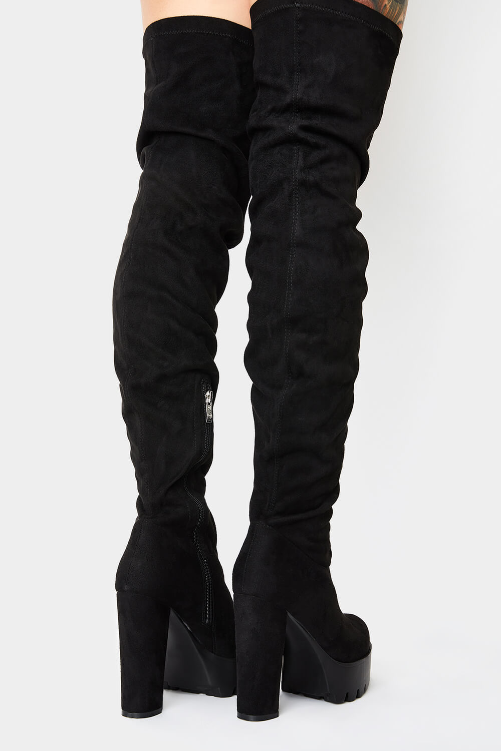 Black Suede Chunky Platform Block Heel Thigh High Boots