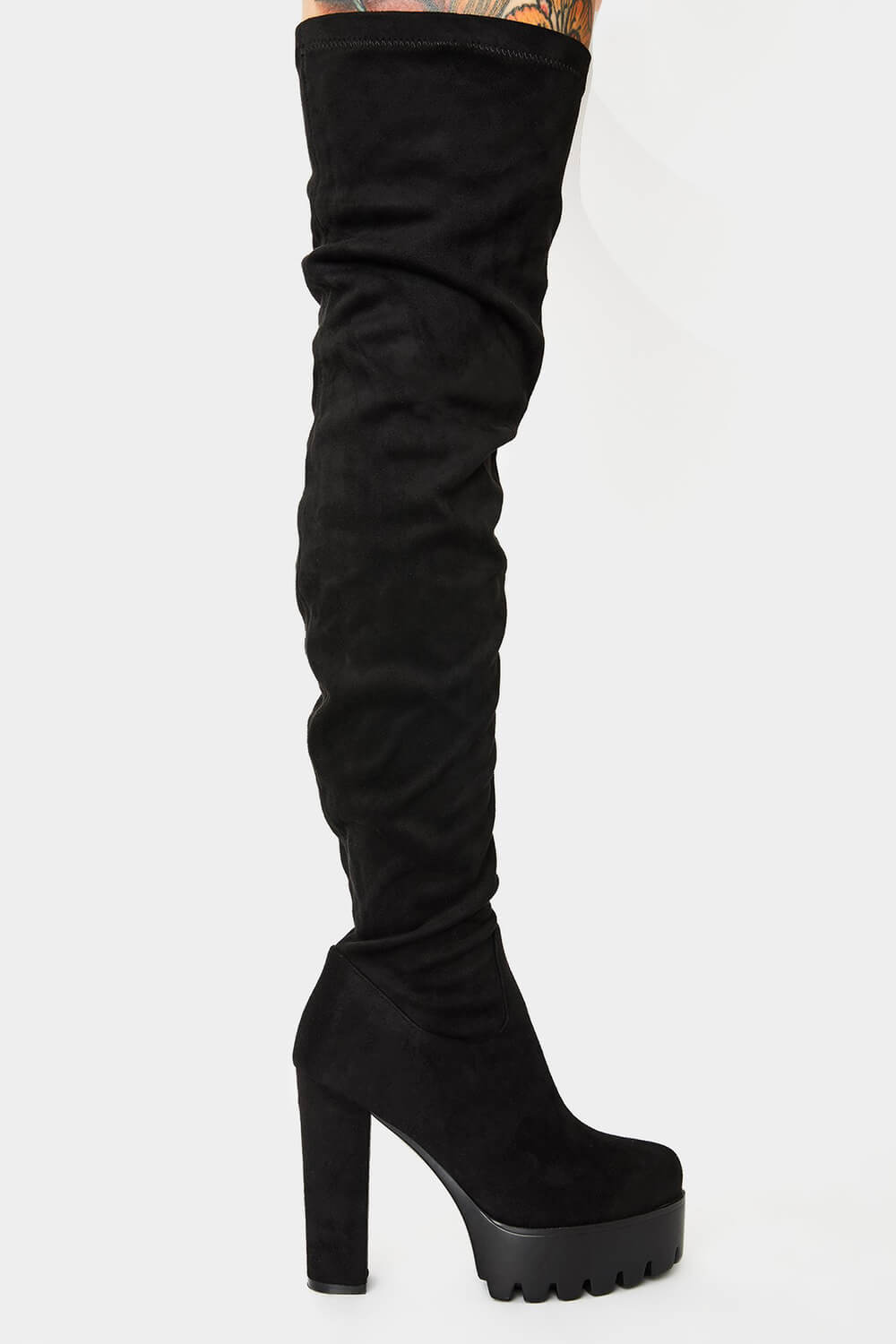 Black Suede Chunky Platform Block Heel Thigh High Boots