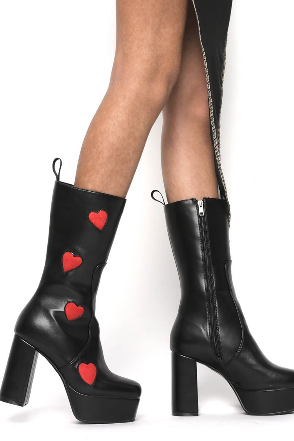 Black Red Heart Platform Mid Calf High Block Boots