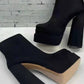 Black Faux Suede Square Toe Double Platform Block Heel Ankle Boots