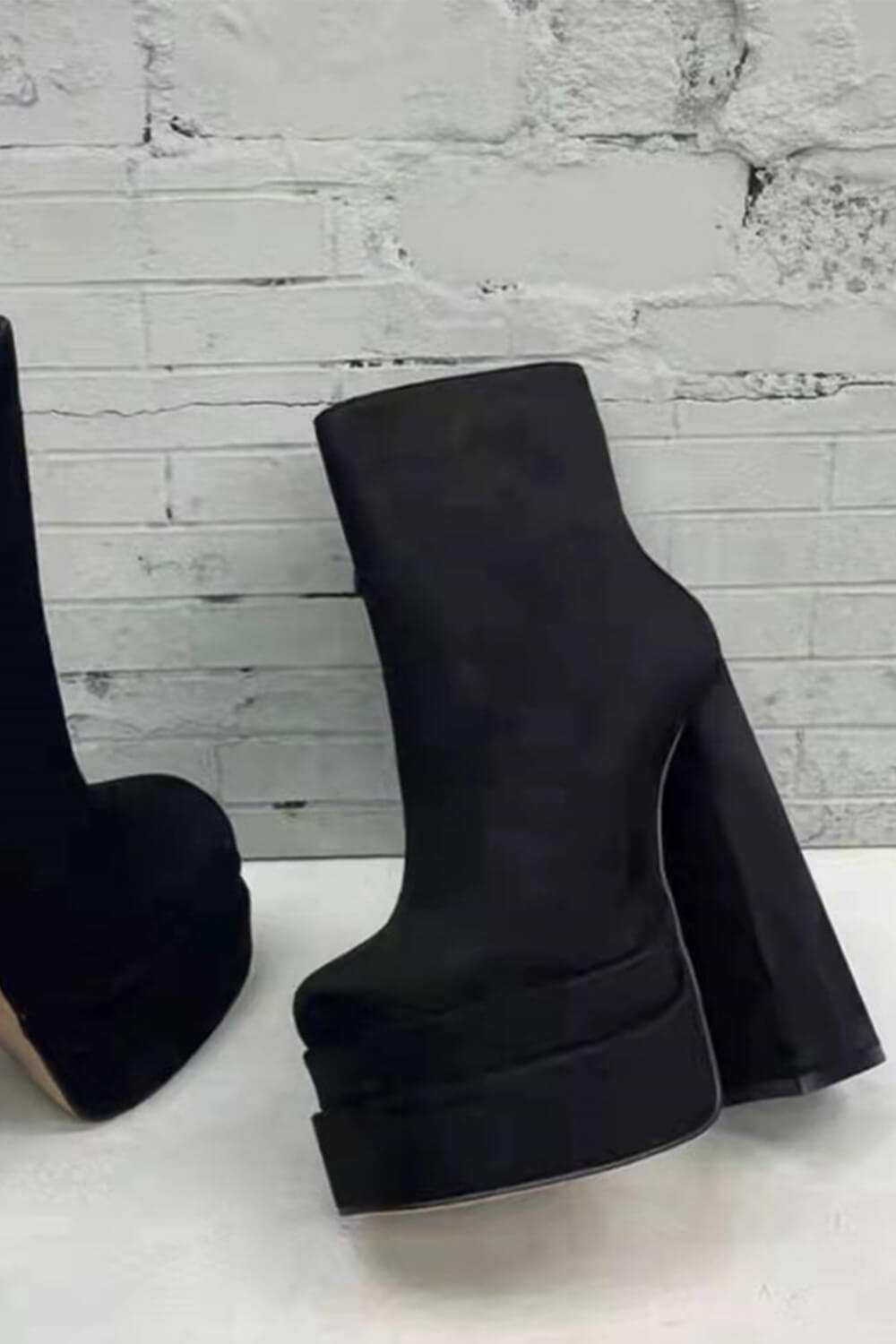 Black Faux Suede Square Toe Double Platform Block Heel Ankle Boots