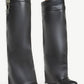 Faux Leather Padlock Detail Folded Wedge Heel Knee High Long Boots - Black
