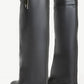 Faux Leather Padlock Detail Folded Wedge Heel Knee High Long Boots - Black