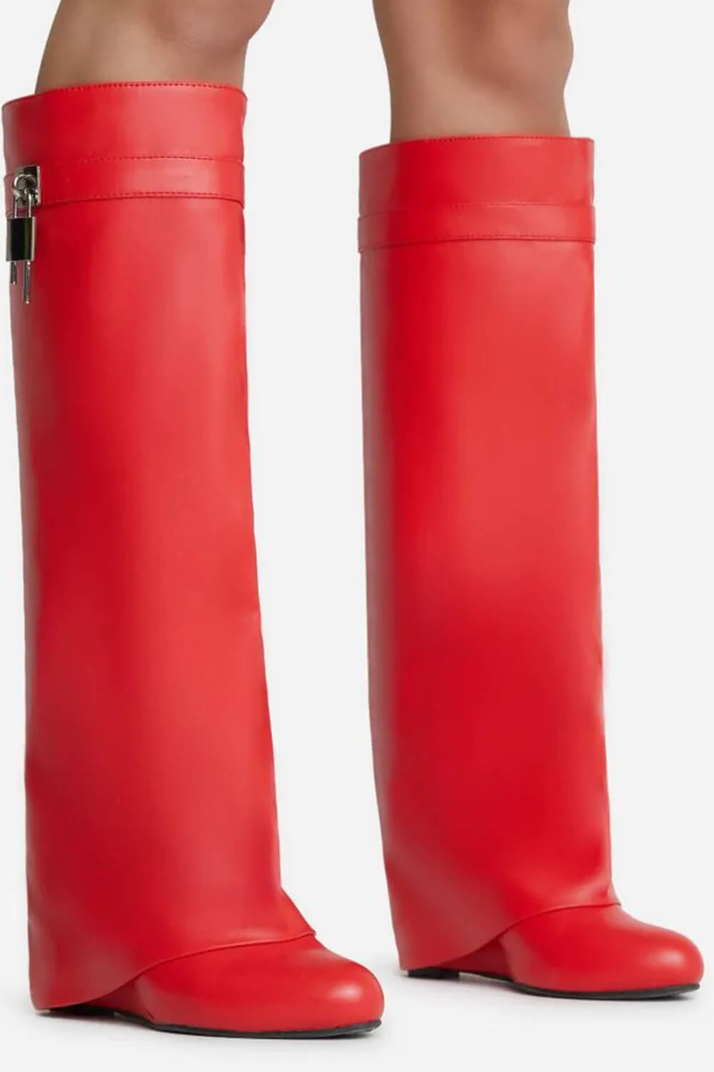 Faux Leather Padlock Detail Folded Wedge Heel Knee High Long Boots - Red