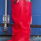 Faux Leather Padlock Detail Folded Wedge Heel Knee High Long Boots - Red