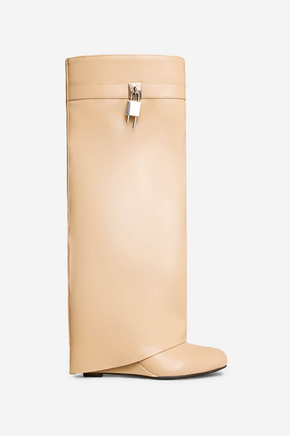 Faux Leather Padlock Detail Folded Wedge Heel Knee High Long Boots - Nude