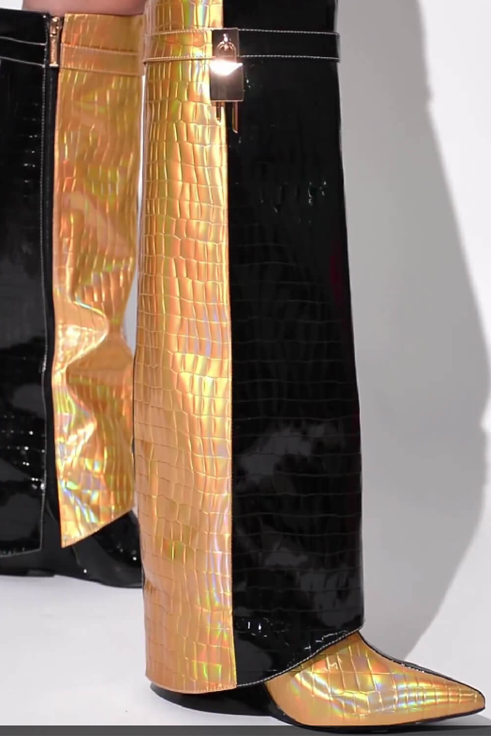 Metallic Color Blocked Croc Padlock Detail Folded Wedge Heel Mid Calf Long Boots--Black & Gold