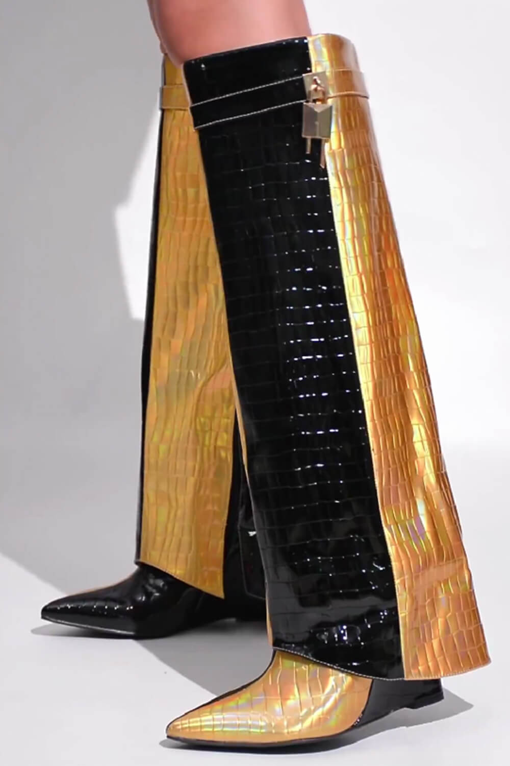 Metallic Color Blocked Croc Padlock Detail Folded Wedge Heel Mid Calf Long Boots--Black & Gold