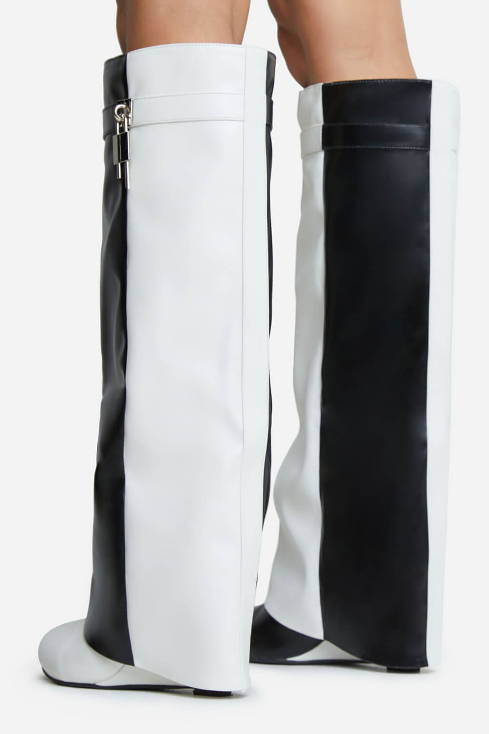 Black & White Color Blocked Padlock Detail Folded Wedge Heel Knee High Long Boots