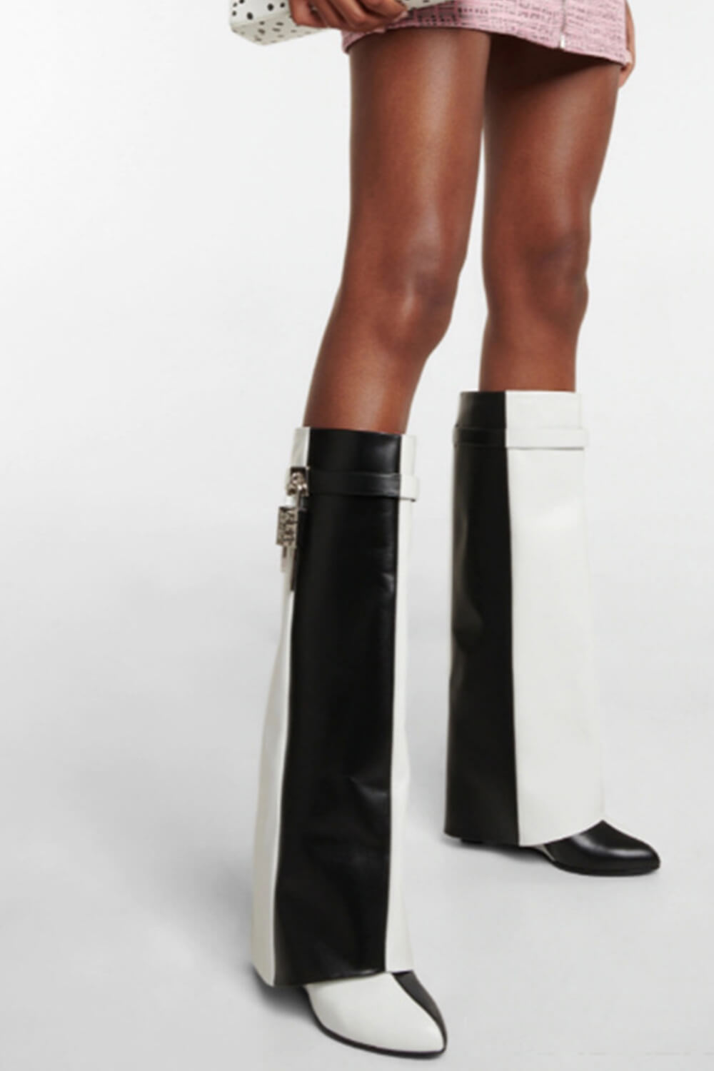 Black & White Color Blocked Padlock Detail Folded Wedge Heel Knee High Long Boots