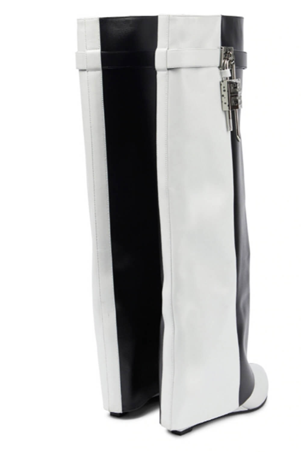 Black & White Color Blocked Padlock Detail Folded Wedge Heel Knee High Long Boots