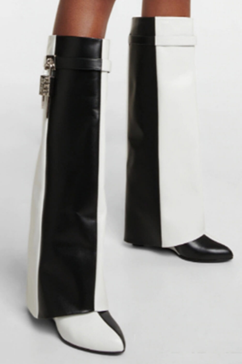 Black & White Color Blocked Padlock Detail Folded Wedge Heel Knee High Long Boots