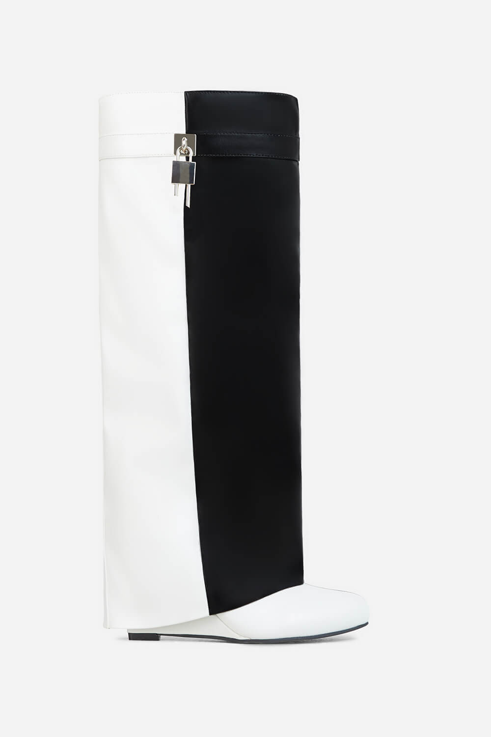 Black & White Color Blocked Padlock Detail Folded Wedge Heel Knee High Long Boots