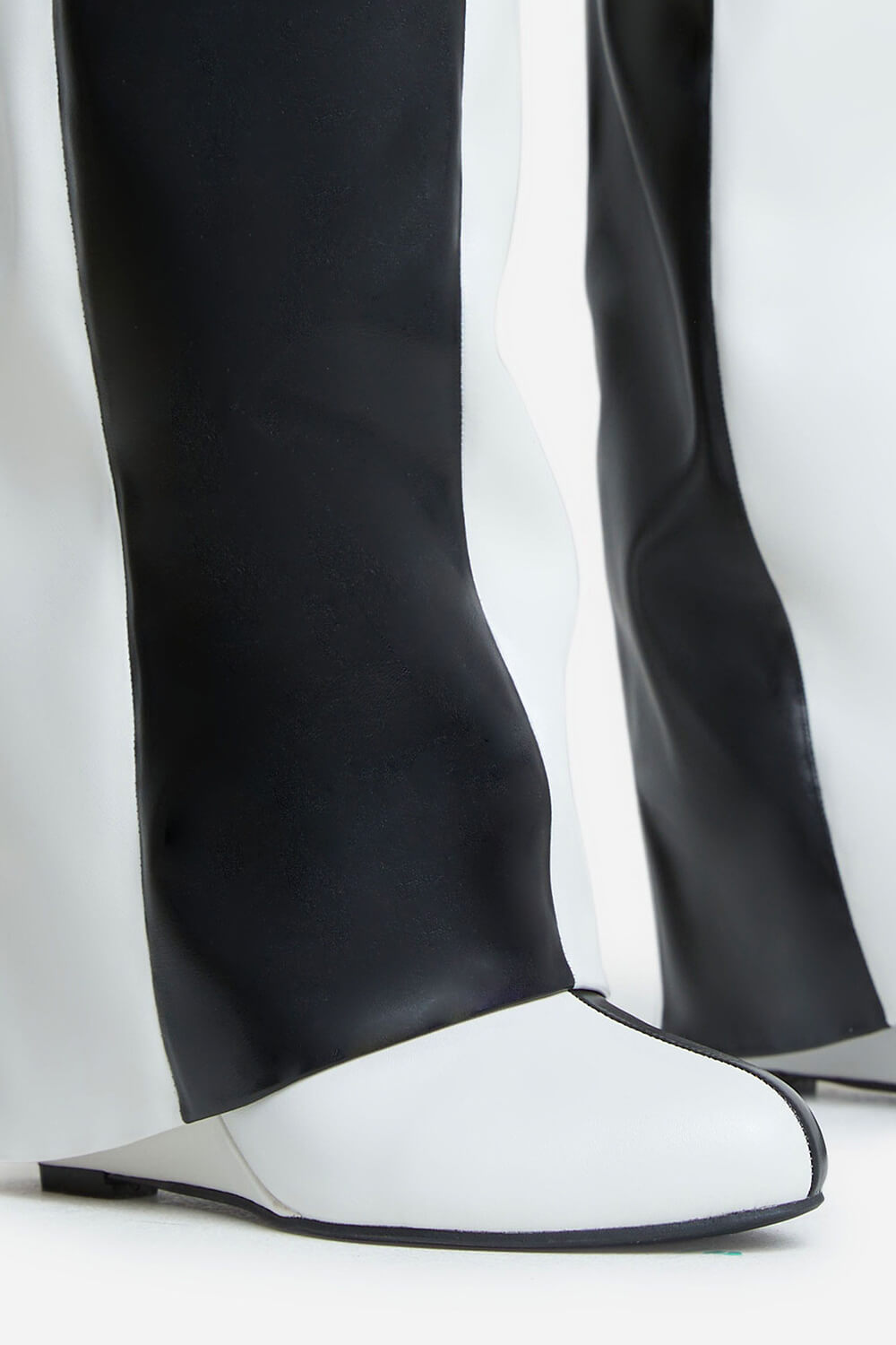 Black & White Color Blocked Padlock Detail Folded Wedge Heel Knee High Long Boots