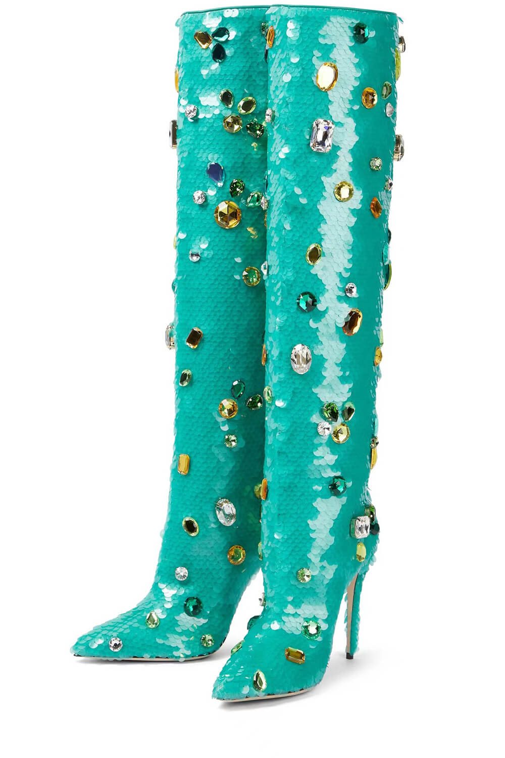 Green Sequined Pointed Toe Stiletto Heel Over The Knee Boots