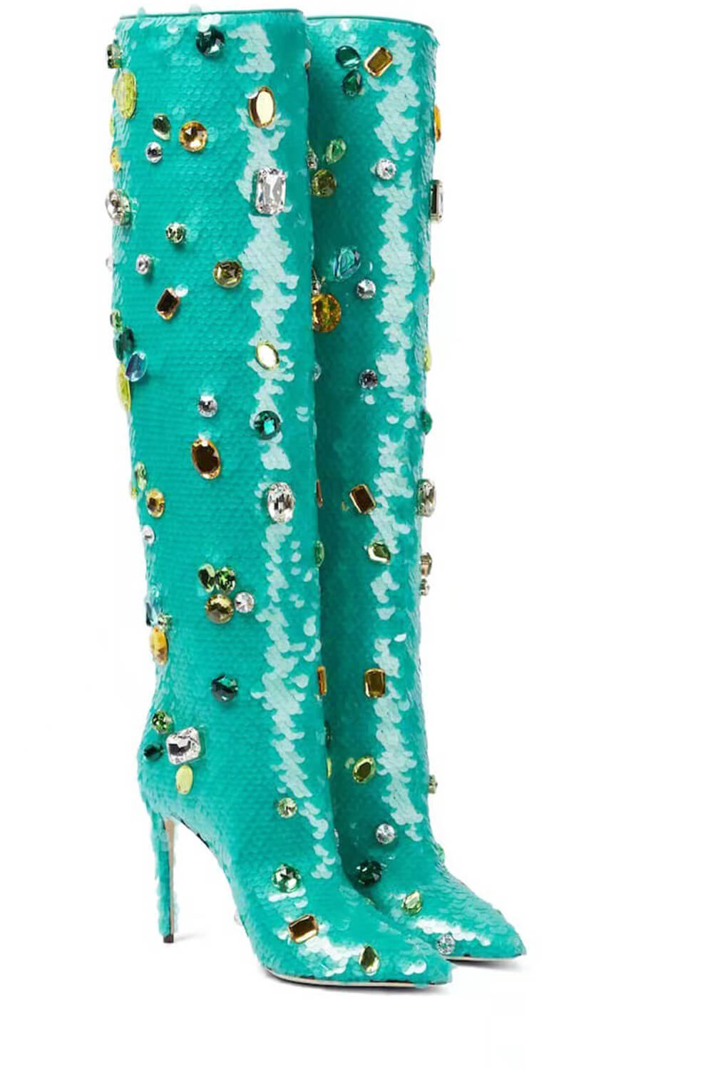 Green Sequined Pointed Toe Stiletto Heel Over The Knee Boots