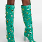 Green Sequined Pointed Toe Stiletto Heel Over The Knee Boots