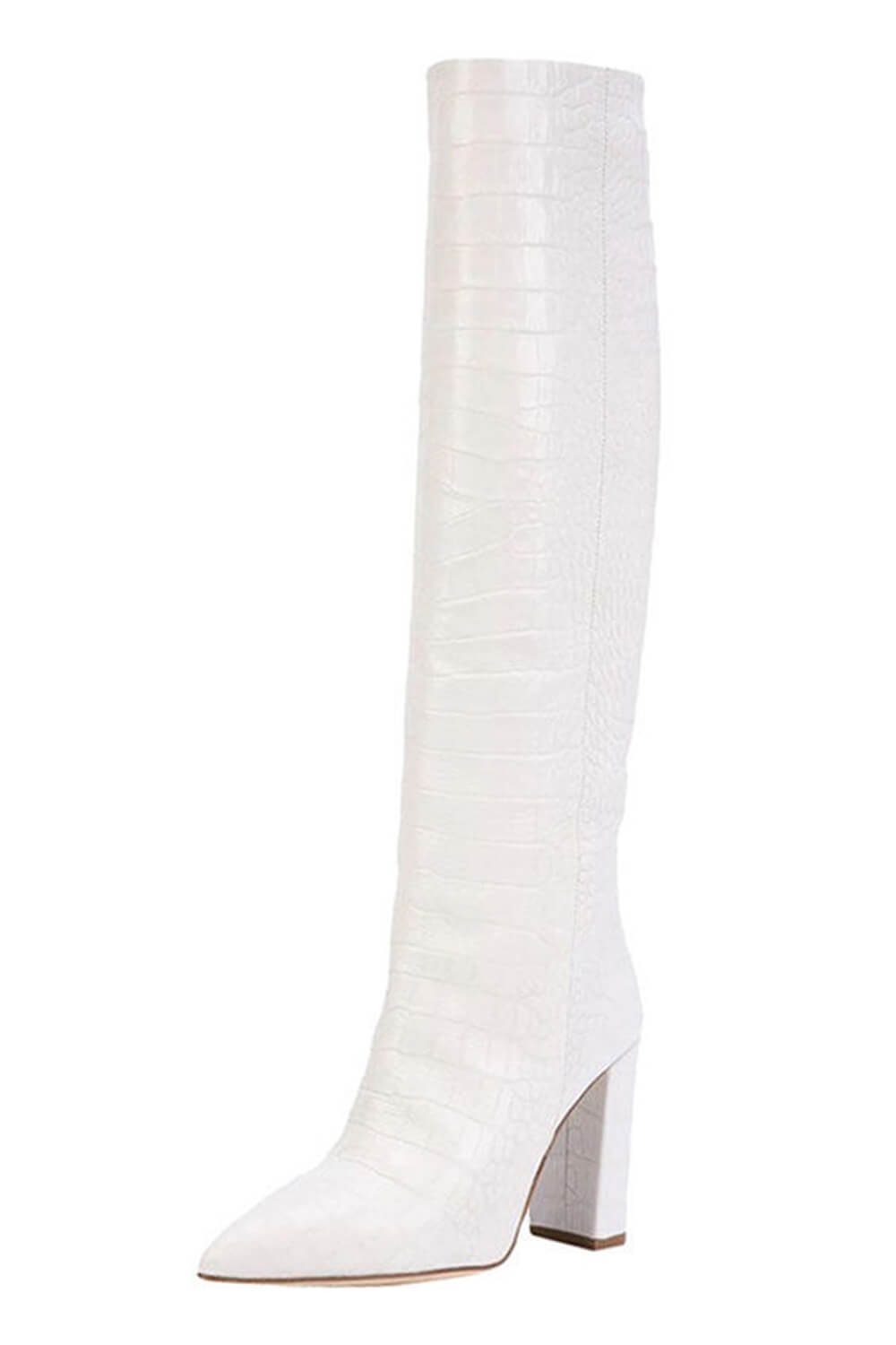 Croc-Effect Faux Leather Pointed Toe Block Heel Knee-High Boots - White