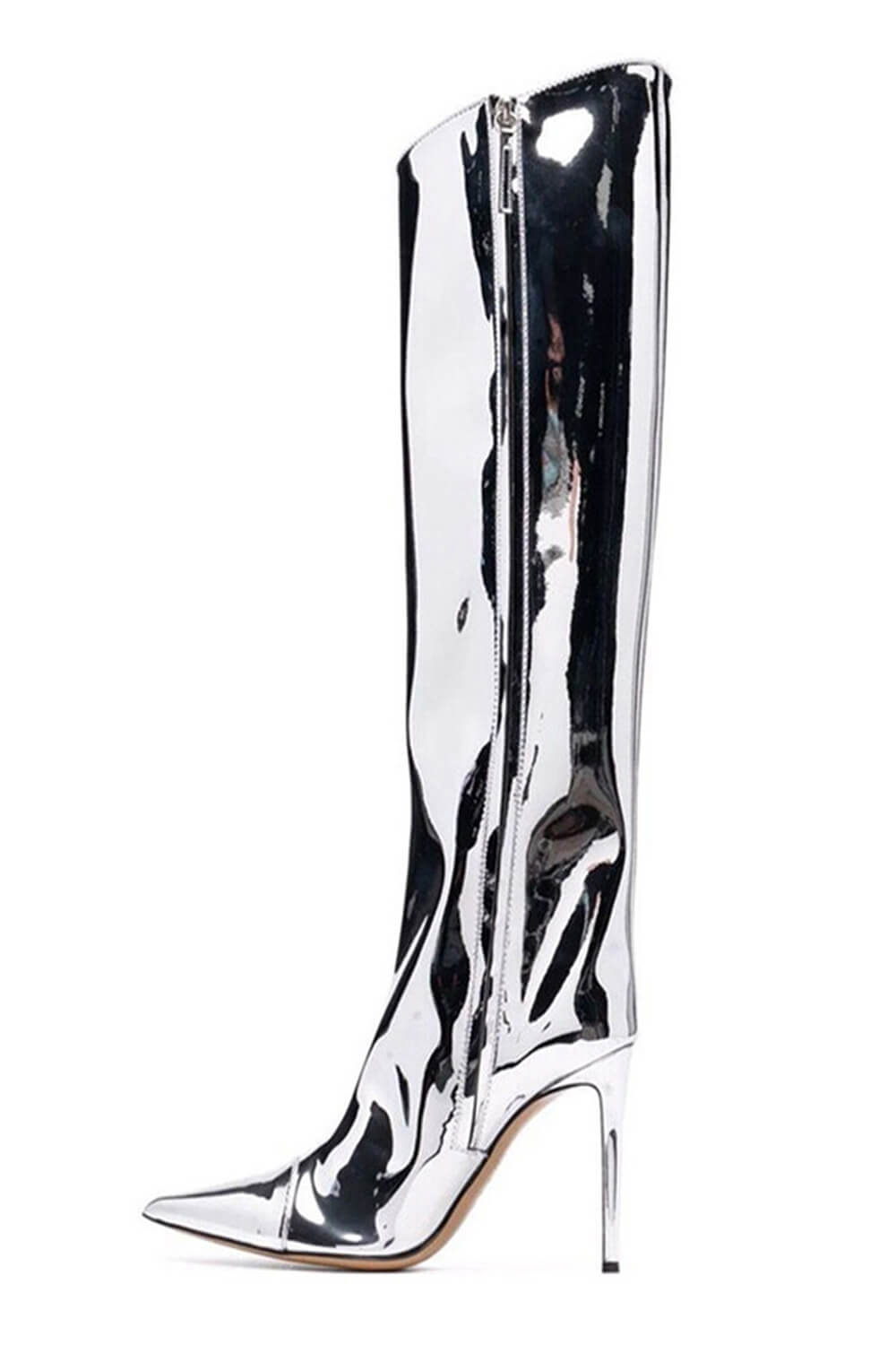 Metallic Finish Knee-High Pointed Toe Stiletto Boots - Silver