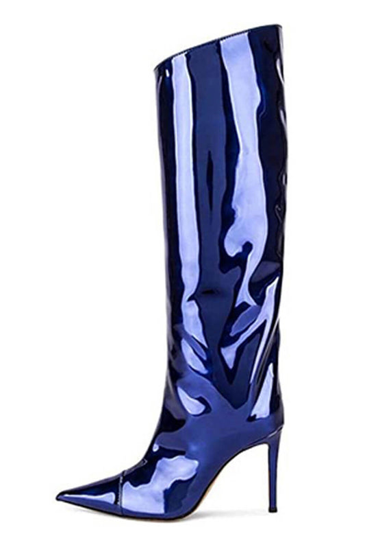 Metallic Finish Knee-High Pointed Toe Stiletto Boots - Dark Blue