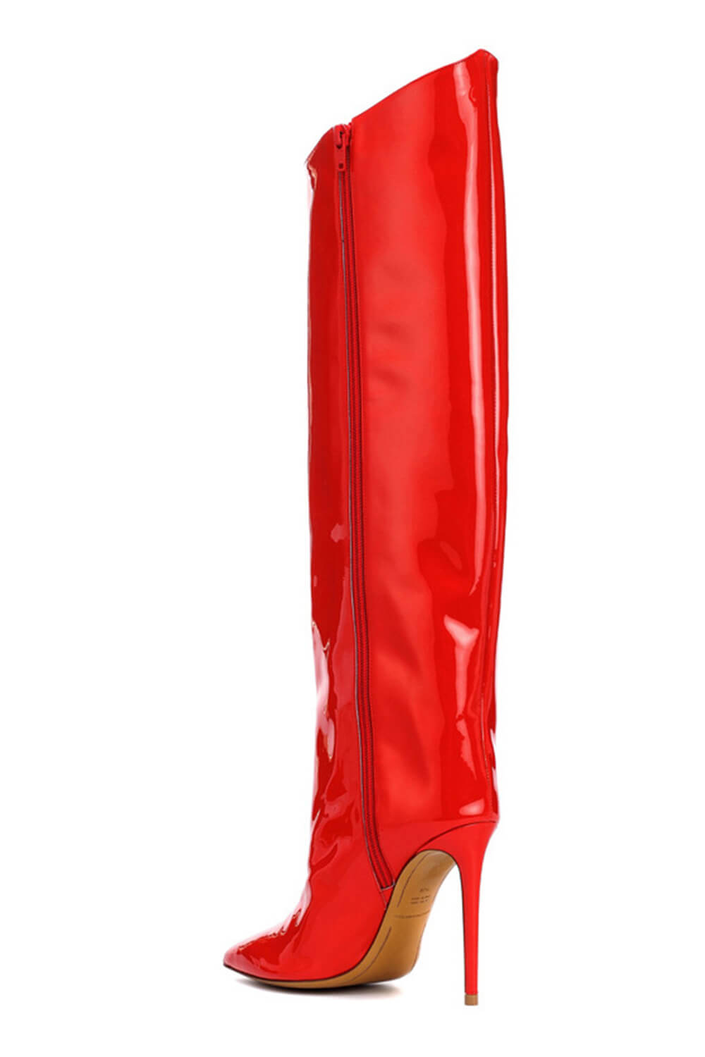 Metallic Finish Knee-High Pointed Toe Stiletto Boots -Red