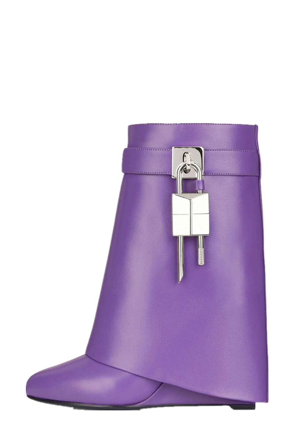 Faux Leather Padlock Detail Folded Wedge Heel Ankle Boots - Violet