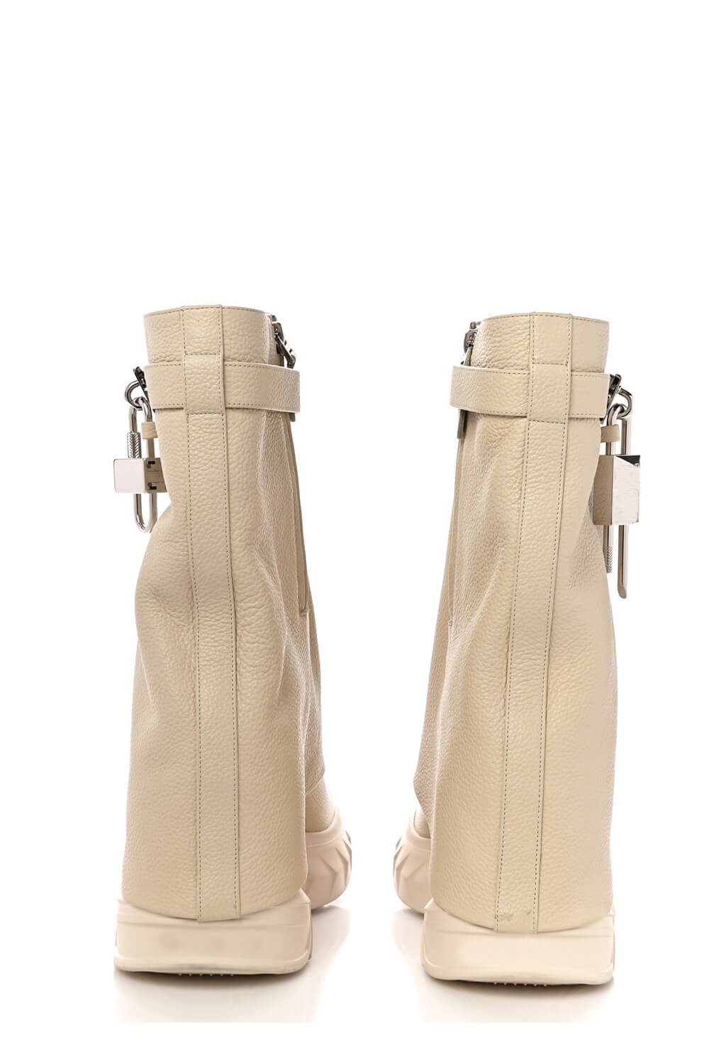 Grained Faux Leather Padlock Detail Folded Chunky Sole Biker Ankle Boots - Beige