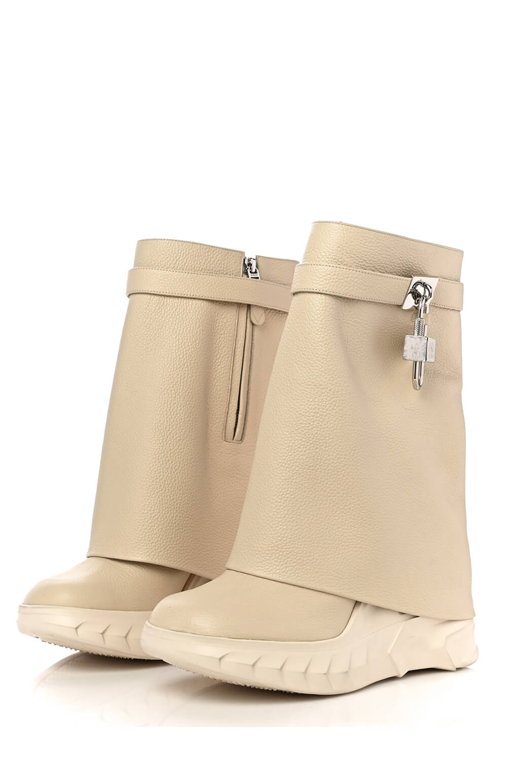 Grained Faux Leather Padlock Detail Folded Chunky Sole Biker Ankle Boots - Beige