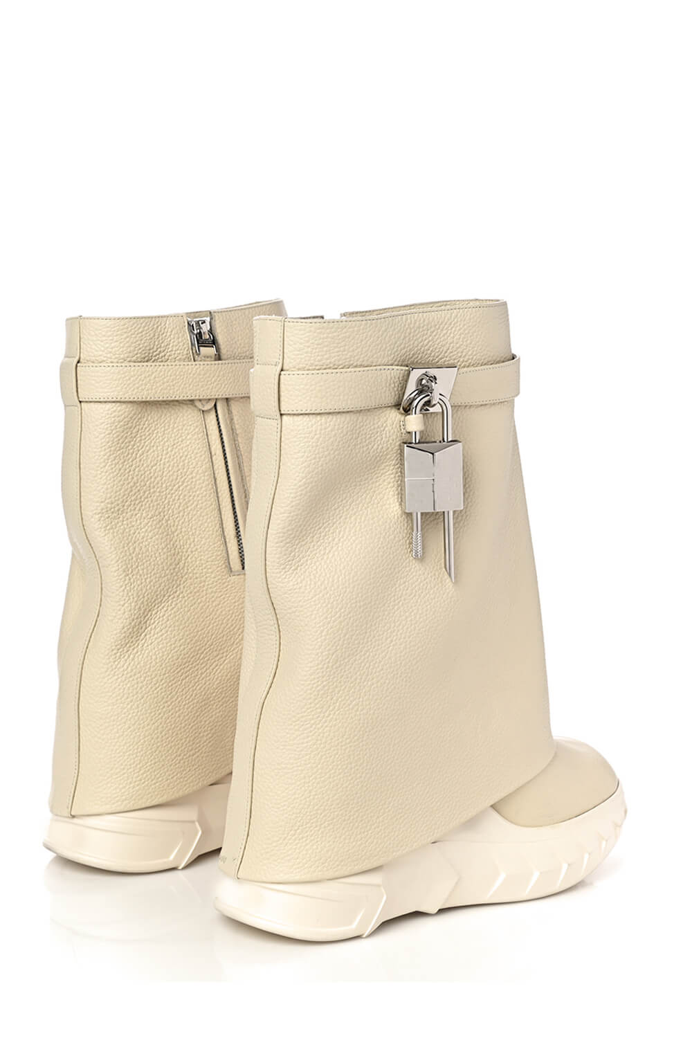 Grained Faux Leather Padlock Detail Folded Chunky Sole Biker Ankle Boots - Beige