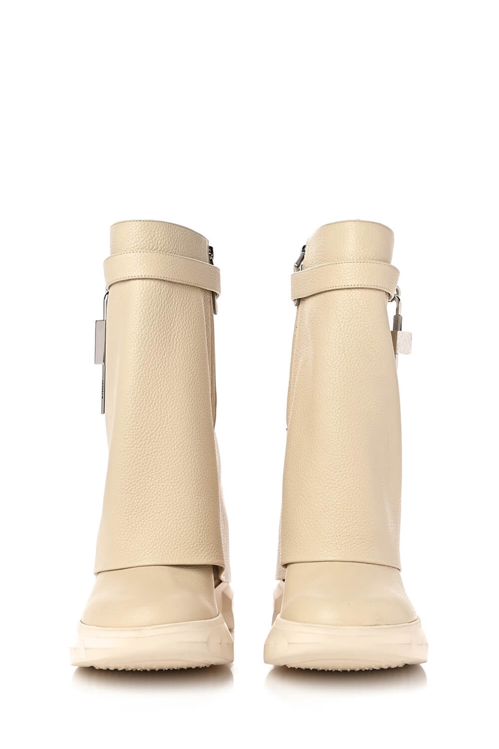 Grained Faux Leather Padlock Detail Folded Chunky Sole Biker Ankle Boots - Beige