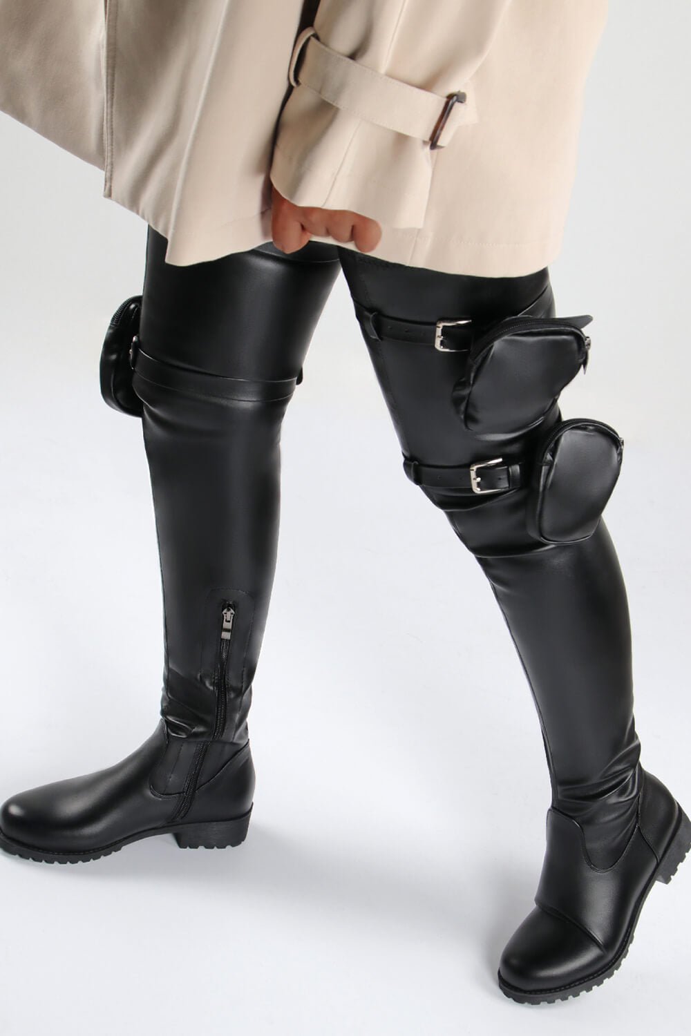 Faux Leather Pouch Detail Thigh High Flat Boots - Black