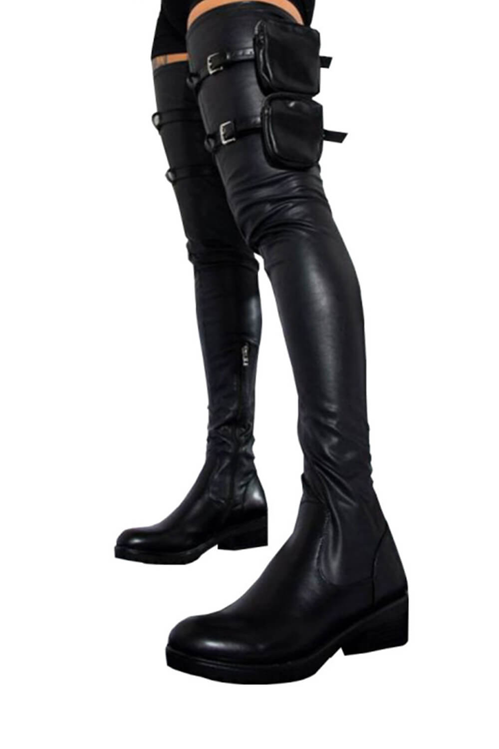 Faux Leather Pouch Detail Thigh High Flat Boots - Black