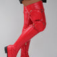 Faux Leather Pouch Detail Thigh High Flat Boots - Red