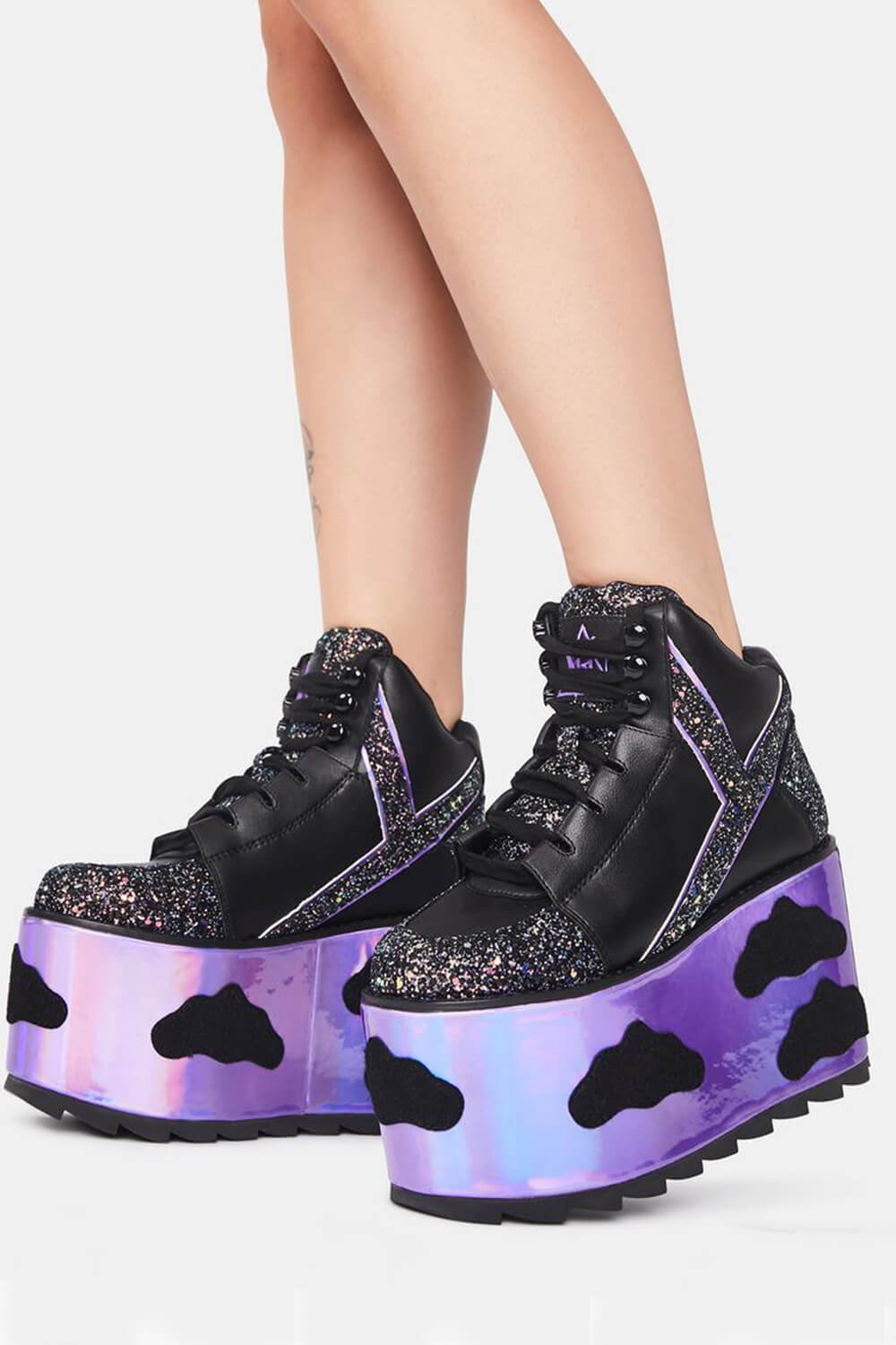 Sky Glitter Platform Lace Up Boots With Cloud Patches Detailing - Black