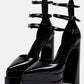 Black Faux Leather Double Platform Pointy Pumps With Triple Ankle Straps Detailing
