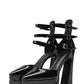 Black Faux Leather Double Platform Pointy Pumps With Triple Ankle Straps Detailing