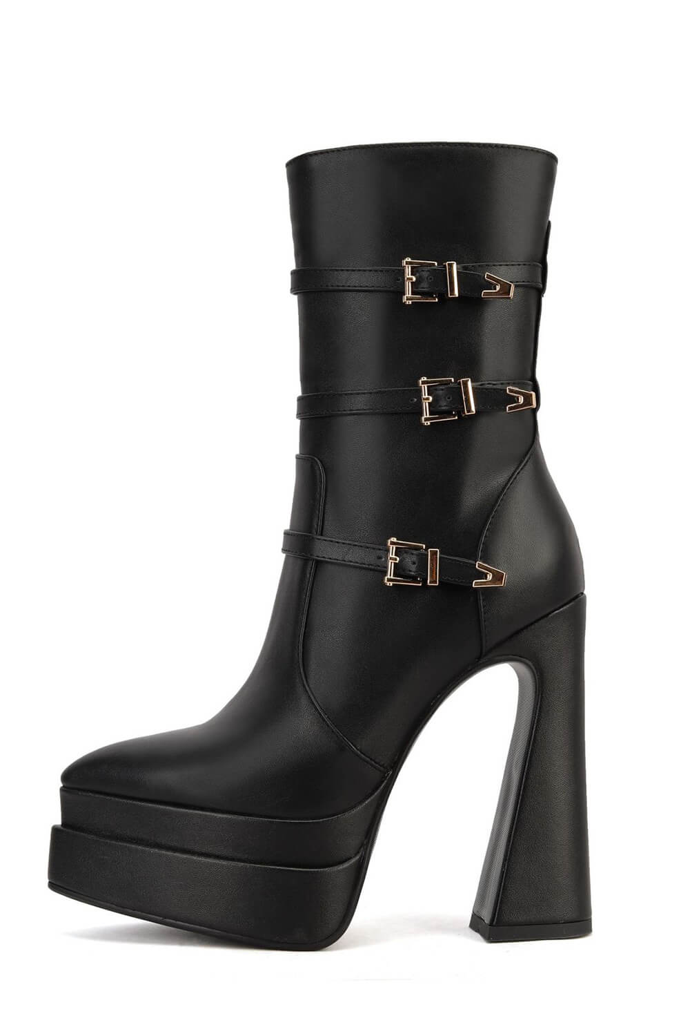 Black Faux Leather Double Platform Flared Block Pointy Ankle Boots With Triple Buckle Straps Detailing