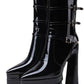 Black Patent Double Platform Pointy Ankle Boots With Triple Ankle Straps Detailing