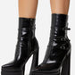 Black Patent Double Platform Pointy Ankle Boots With Triple Ankle Straps Detailing