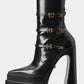 Black Patent Double Platform Pointy Ankle Boots With Triple Ankle Straps Detailing