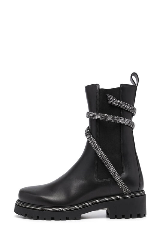 Snake-Embellished Leather Chunky Sole Ankle Chelsea Boots