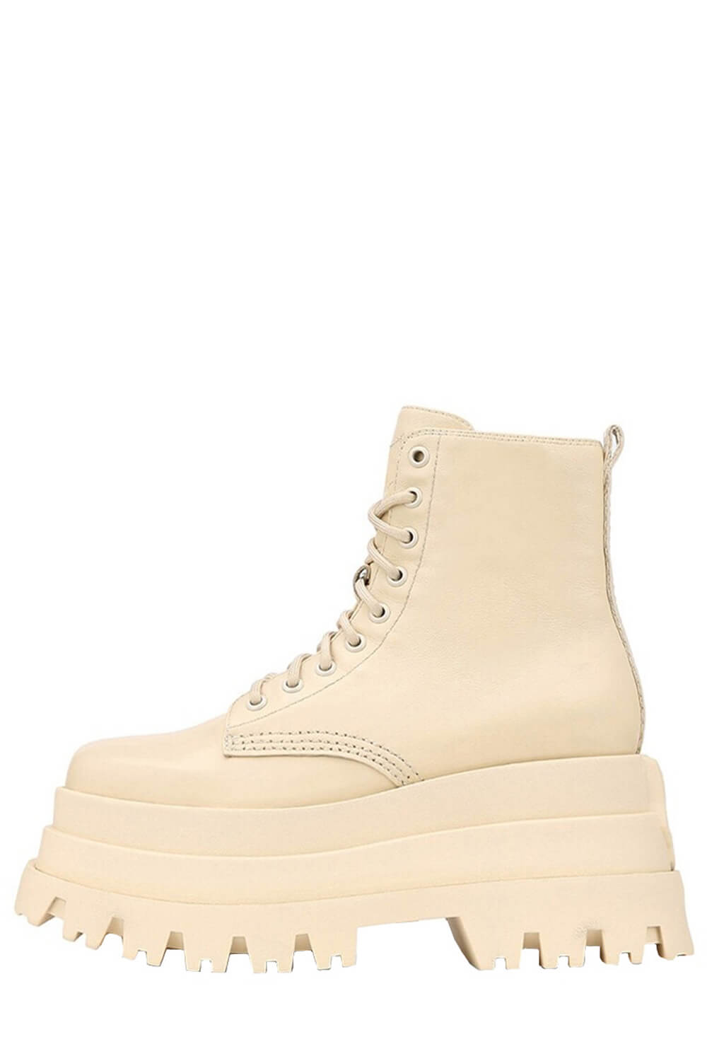Faux Leather Lace-Up Stacked-Sole Square Toe Boots - Beige