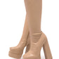 Faux Leather Double Platform Square Toe Chunky Block Heel Knee High Boot - Nude
