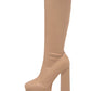 Faux Leather Double Platform Square Toe Chunky Block Heel Knee High Boot - Nude