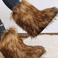 Black Furry Faux Fur Mid Calf Bootie - Brown