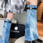 Denim Buckle Detail Fold Over Square Toe Chunky Platform Block Heel Knee High Boots