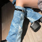 Denim Buckle Detail Fold Over Square Toe Chunky Platform Block Heel Knee High Boots