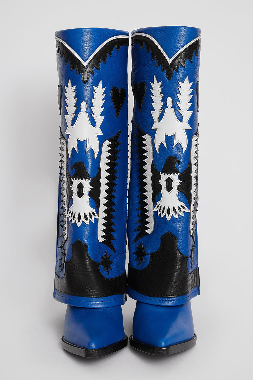 Western Cowboy Fold Over Pointed Toe Knee High Block Heel Boots - Blue
